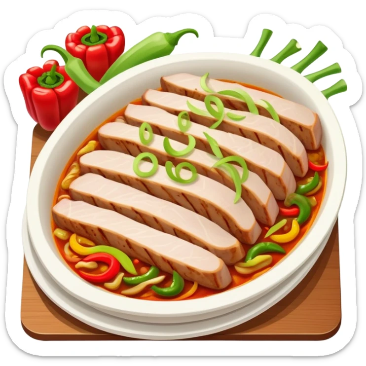 Twice Cooked Pork slices with leek and peppers, simplified emoji style with bold outlines and bright colors, cartoon style Hui Guo Rou Sichuan specialty sticker