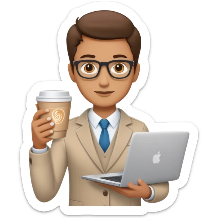 business owner confidently, holding a closed laptop in one hand and a takeaway coffee cup in the other. The character wears casual-smart clothes. sticker