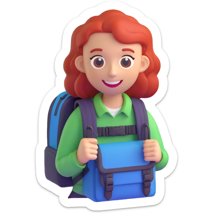 3D emoji of a red-haired character with a sinister smile and a small backpack sticker