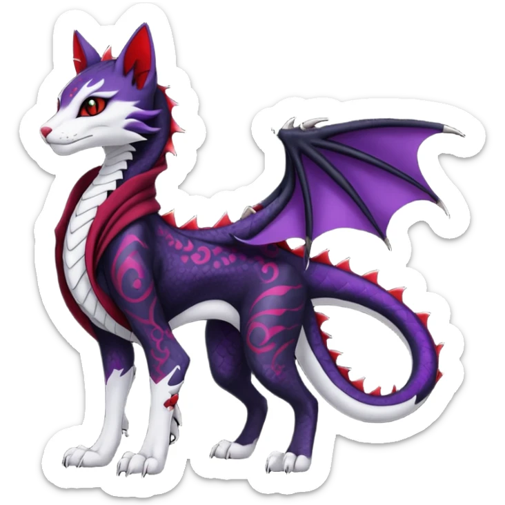 Kawaii feral, four-legged gothic dark badass black, red, purple, beautiful pretty elegant divine edgy feline-vernid-sergal-Haku-dragon-fursona-animal-creature, full body, with intricate detailed markings, silken shawl sticker