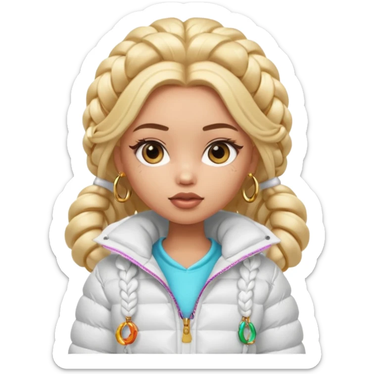 generate a pretty bratz girl with a WHITE puffer jacket, hoops, long braided hair sticker