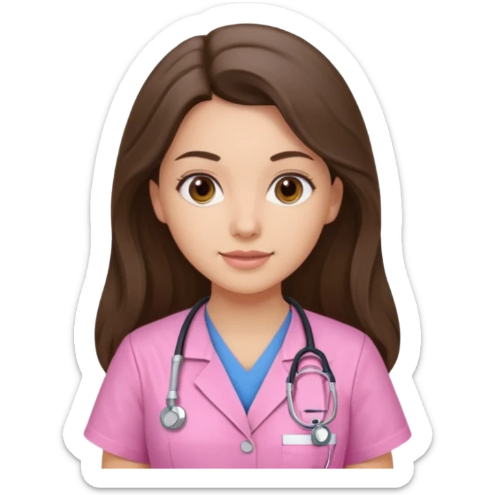 pretty brunette nurse with long hair in pink scrubs sticker