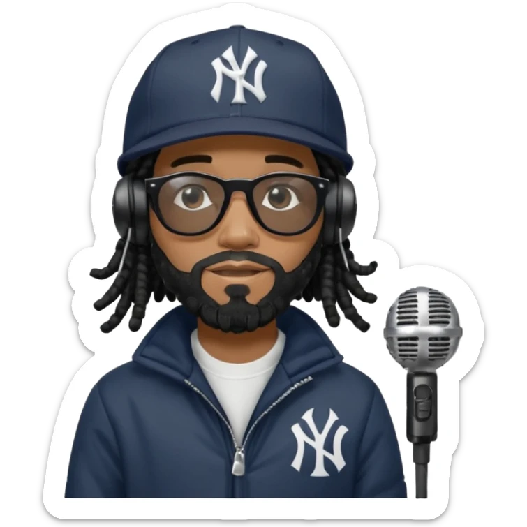African American man with shoulder length black dreadlocks with black beard wearing black sunglasses wearing a New York Yankees logo baseball cap wearing a black bubble winter coat wearing headphones rapping into recording studio microphone with a mic cover sticker