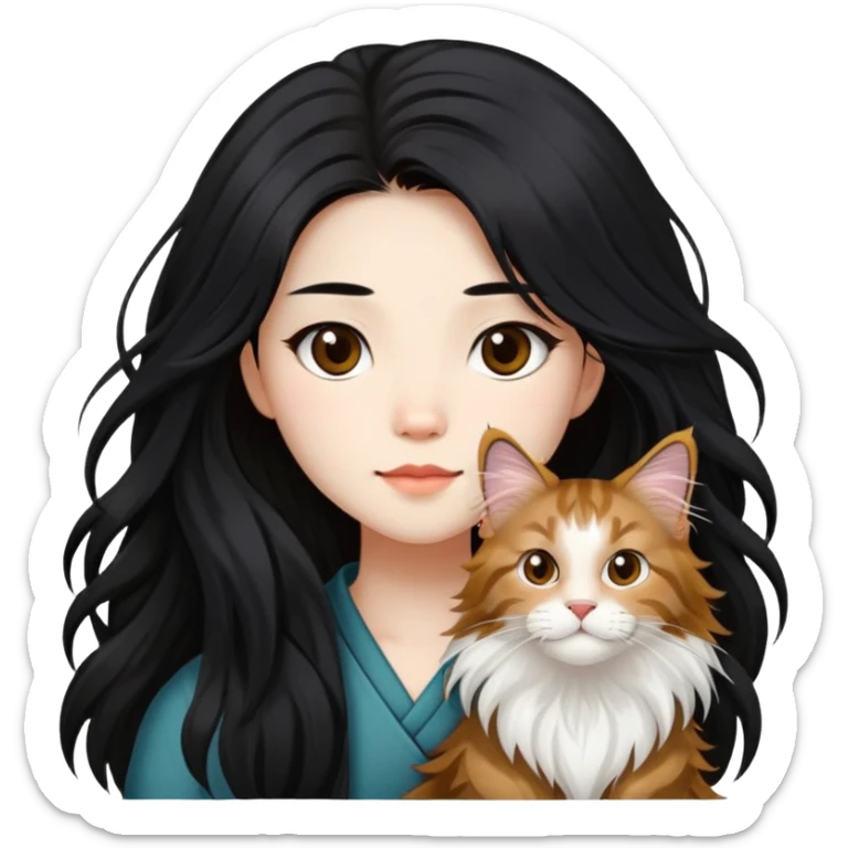 a  Chinese girl with  long hair and a Maine coon sticker