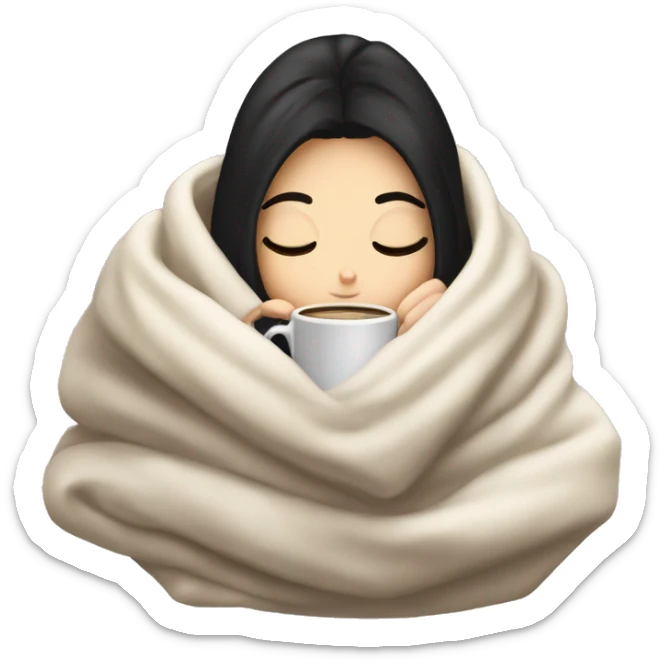 white girl with black hair inside a blanket sipping coffee eyes closed sticker