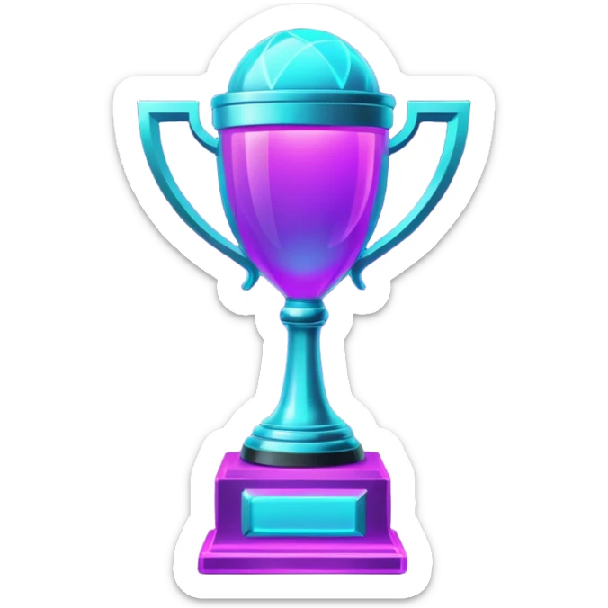 futuristic glowing neon trophy beside, purple and cyan glow, dark background sticker