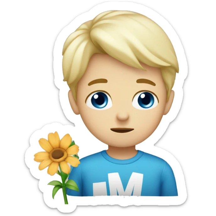 Blonde boy with blue eyes holding flower and sign saying I’m sorry sticker