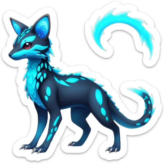 Rare realistic dark-neon glowing bioluminescent edgy badass epic pretty beautiful handsome gorgeous aesthetic colorful vibrant Vernid-Trico-species-Fakemon-creature by LiLaiRa, 4 legs, 1 tail, random markings, (full body) sticker