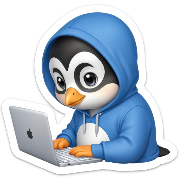 A cute penguin wearing a blue hoodie typing intensely on a laptop keyboard sticker