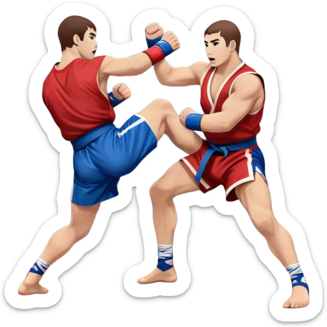 Two Sambo fighters in blue and red kimonos, with shorts and wrestling shoes, performing grappling and throwing techniques. The background shows a wrestling mat and an intense, focused atmosphere. Transparent background highlights the fluidity and skill of the sport without strikes. sticker