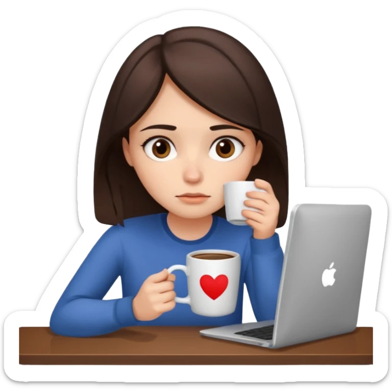 A brunette girl with dark brown eyes, dark circles under eyes, tired, sad face, with a mug of coffee in one hand and sitting in front of a computer sticker