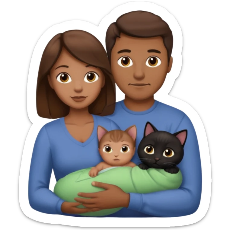1 mom brown hair, 1 dad no beard, 1 baby and 1 black cat sticker