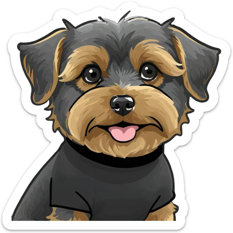 Create a yorkiepoo dog with a black shirt on eating a taco sticker