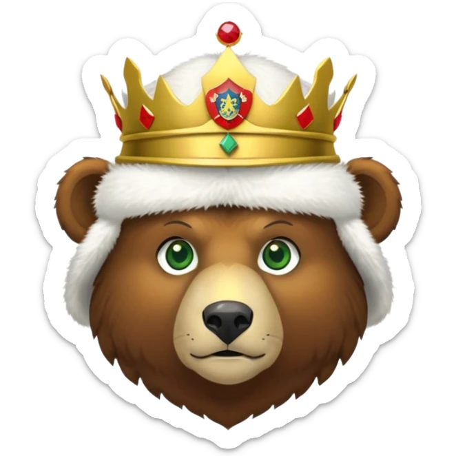 Brown bear head only with green eyes, white furry ushanka hat with accurate Russian Federation emblem featuring golden eagle, three crowns, scepter, orb, and red shield with St. George, iOS emoji style sticker