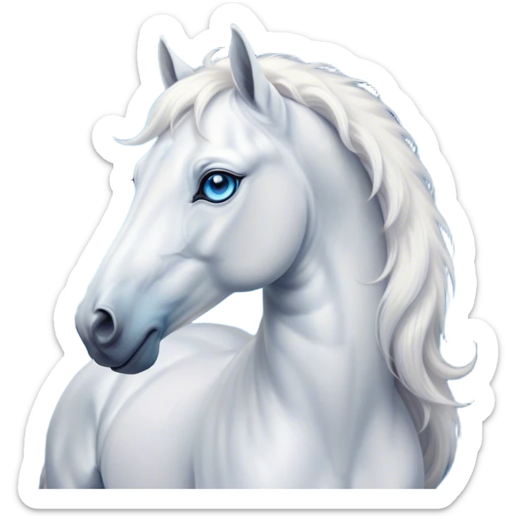 Cinematic Elegant White Horse Portrait Emoji, Head held high with a serene, graceful gaze, showcasing a magnificent pure white fur with a radiant shimmer, flowing mane and tail, and luminous blue eyes that exude beauty and grace, Simplified yet majestically refined features, highly detailed, glowing with a soft, ethereal light, high shine, poised and breathtaking, stylized with an air of pure elegance, capturing the essence of a stunning and graceful steed, so beautiful it feels like it could gallop out of the screen with effortless charm! sticker