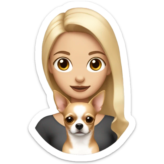 Blonde girl with brown eyes holding a light brown chihuahua sticker