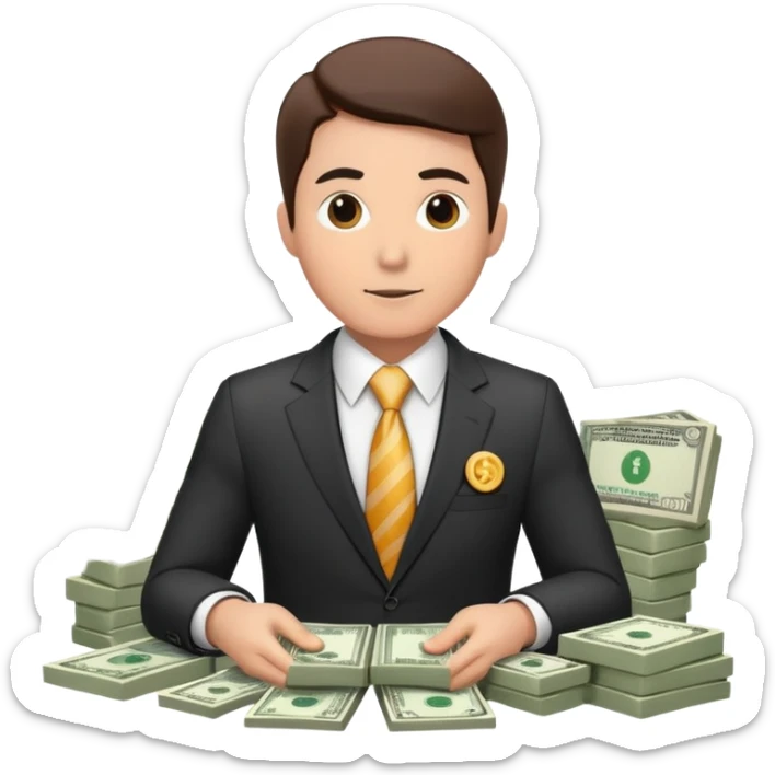 Professional financial expert with suit, tie, charts and money symbols sticker