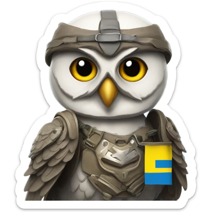 owl in battle gear in front of ukrainian flag sticker