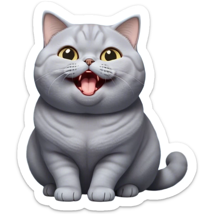 Cinematic Comical Grey British Shorthair Cat Portrait Emoji, Head tilted dramatically while yawning exaggeratedly, round and plump body with sleek soft grey fur and subtle blue undertones, Simplified yet hilariously adorable features, highly detailed, glowing with an almost sarcastic glow, high shine, a mix of lazy and disinterested, stylized with a touch of playful whimsy, bright and alert but with a hilariously bored expression, soft glowing outline, capturing the essence of a mischievous yet overly dramatic kitty, so meme-worthy it feels like it could leap off the screen and sarcastically demand attention, perfect for the internet's next viral meme! sticker