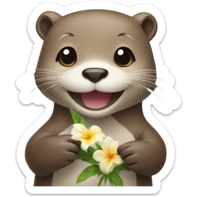 A happy and cute otter face holding a Hawaiian flower sticker