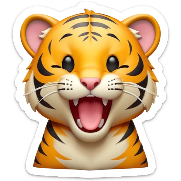 Cinematic Cute Yawning Tiger Portrait Emoji, Head tilted slightly with a dramatic, wide-open yawn, showcasing a lithe, striped body with drowsy, half-closed eyes and an open, relaxed expression, Simplified yet irresistibly adorable features, highly detailed, glowing with a soft, cozy wild glow, high shine, relaxed yet expressive, stylized with a dash of whimsical jungle charm, soft glowing outline, capturing the essence of a drowsy yet affectionate tiger that appears ready to stretch out for a nap! sticker