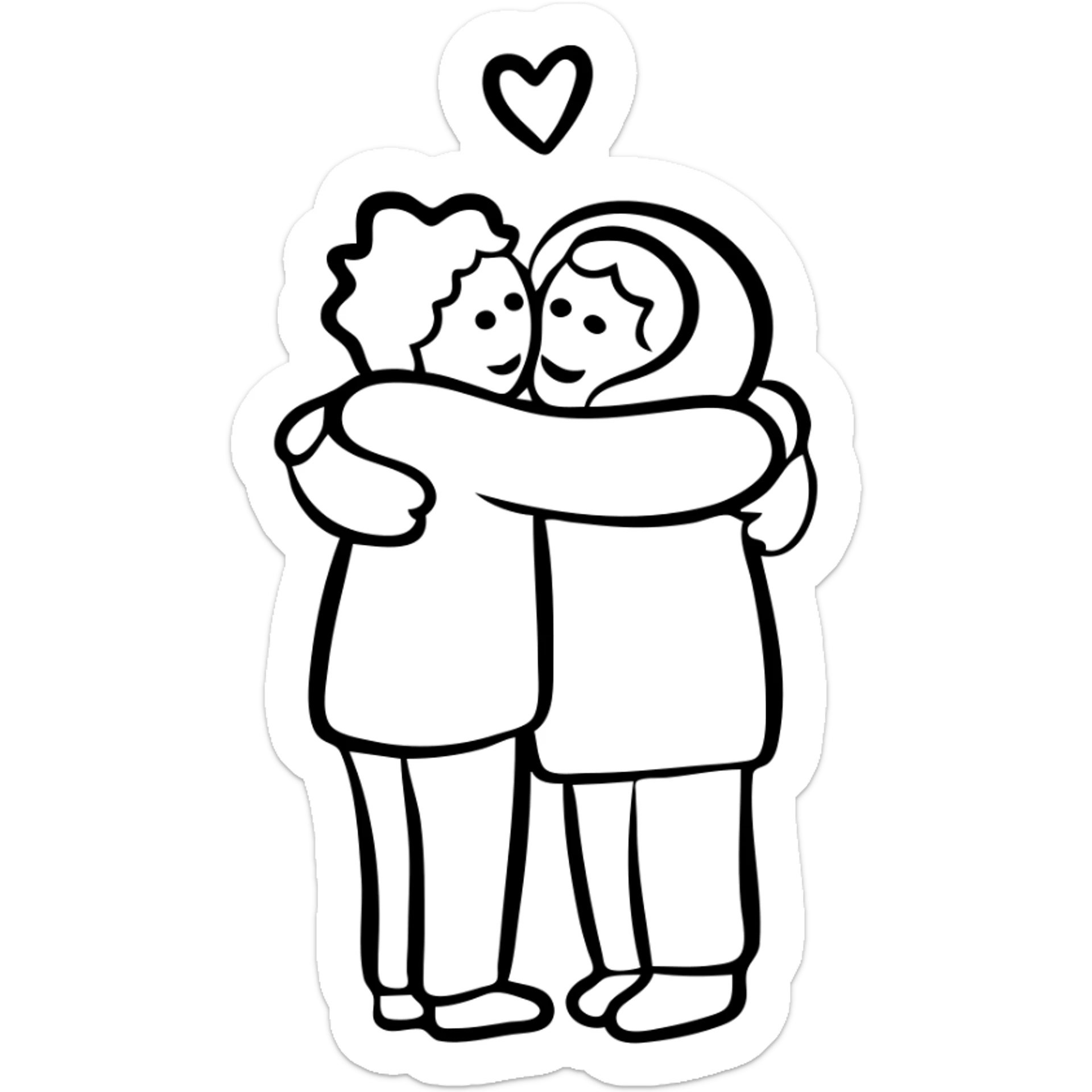 Hand drawn sketch of two people hugging with a heart, "Iubind pe cineva" sticker