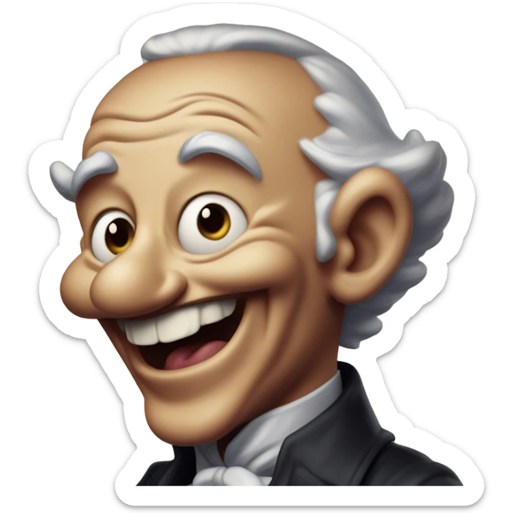 Laughing intricate Oppenheimer in Uncle Scrooge style, oil paint, mysterious eyes, intricate lips, masterpiece pose, odd perspective, beautiful, desirable, logical sticker