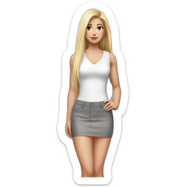 hyperrealistic caucasian blonde, long straight hair, white deep v-neck crop tanktop, gray tight mini skirt sticker