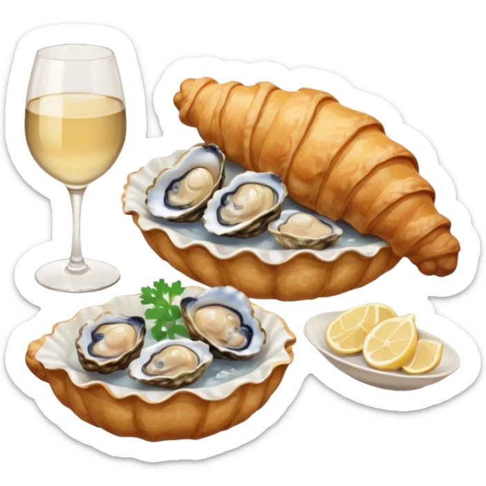 French cuisine humanless avatar in clean emoji-style illustration. 1 Croissant, oysters and wine glass, soft beige tones, simple shapes, flat design, refined and cozy. sticker