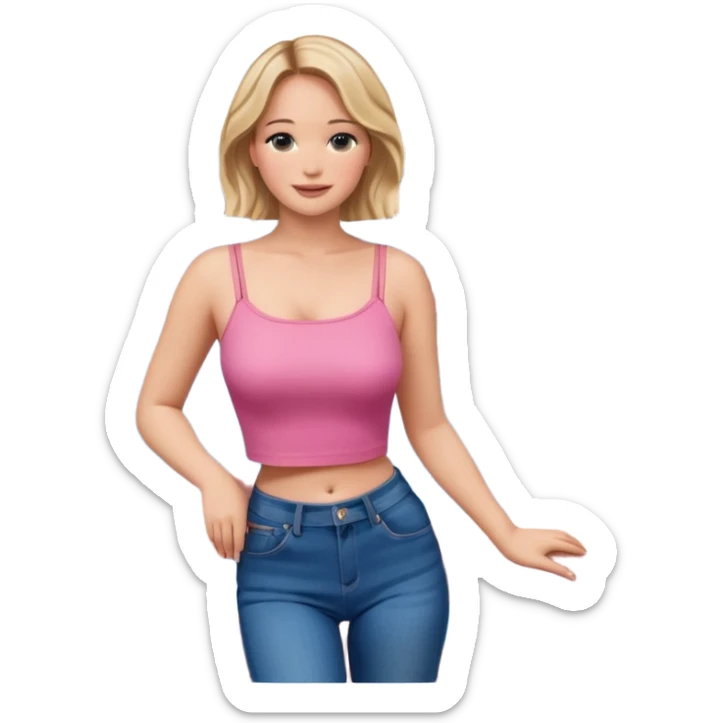 jennifer lawrence, pink crop top, and blue jeans, leaning on a balcony with a harbor and cityscape in the background, smiling sticker