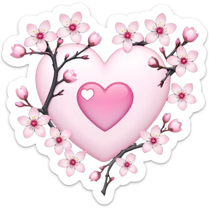 goth sakura heart, white heart with sakura branch and blossoms, pink highlights sticker