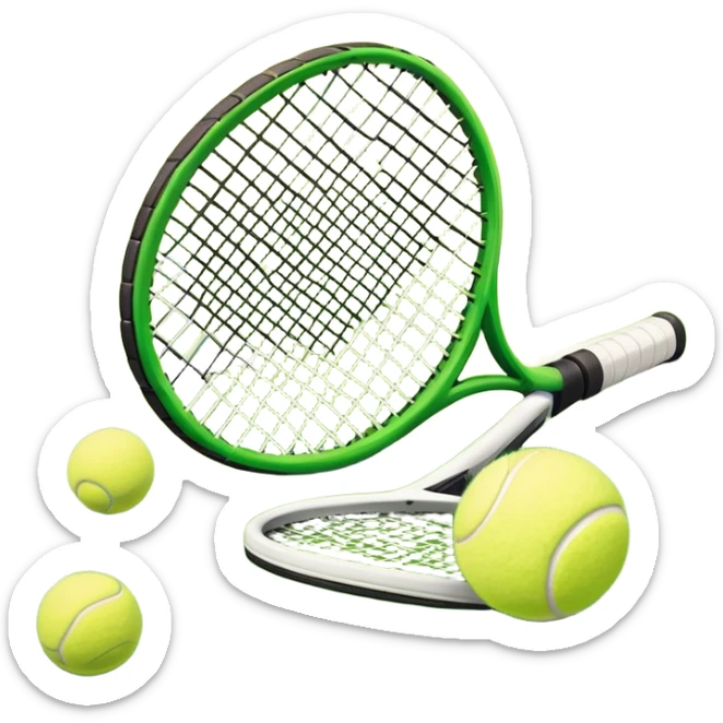 A tennis racket and a ball placed on a grassy court, with the net visible in the background. The scene captures the elegance and energy of the sport, with a vibrant green court and soft sunlight highlighting the equipment. sticker