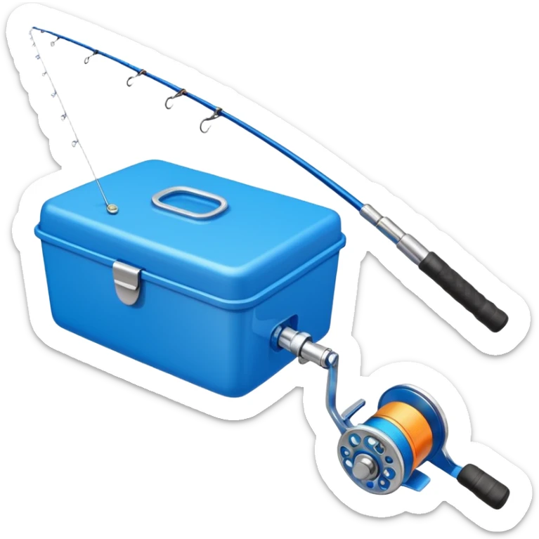 A fishing rod with reel and line neatly coiled beside a bait box. sticker