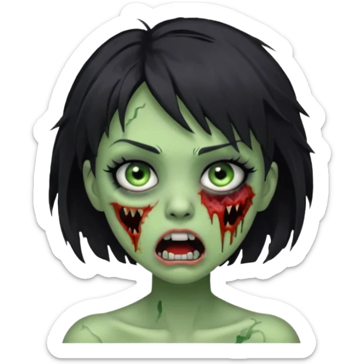 Green zombie girl with messy black short hair with lashes and torn cheek and open mouth  sticker