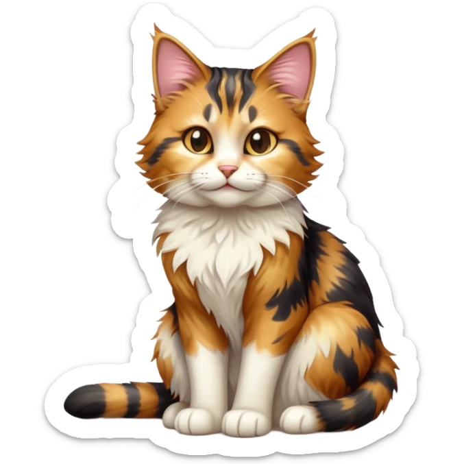 cinematic-[calico tabby cat]-realistic-full-body-sitting-emoji,-tail-curled-playfully-around-its-paws,-head-tilted-dramatically,-scruffy-[calico]-fur,-simplified-yet-realistic-focused-features,-highly-detailed,-glowing-with-an-almost-sarcastic-glow sticker