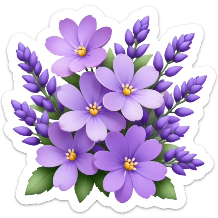 "A dreamy arrangement of violet and lavender blossoms with subtle shading."
 sticker