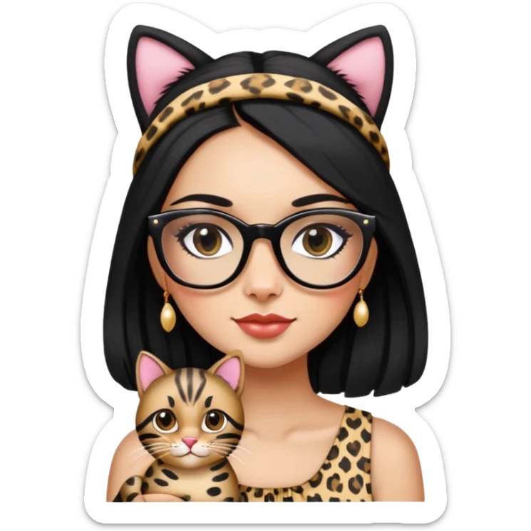 A woman with a cute face and long black hair, wearing a head accessory. She has stylish makeup on. She wears leopard-print frame glasses. She’s dressed in a beautiful, charming sundress. She’s holdingher black-striped cat. sticker