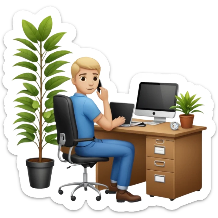 imagen de oficina con escritorio, silla, notebook, agenda y una plata con un cartel que diga FUERA DE OFICINA sticker