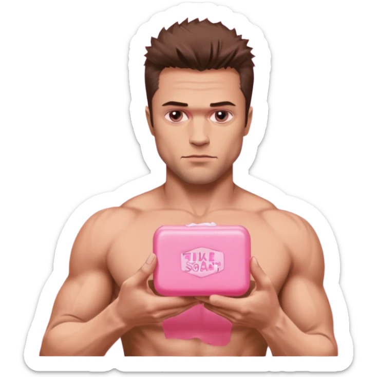 Tyler Durden, holding pink soap like the fight club poster sticker