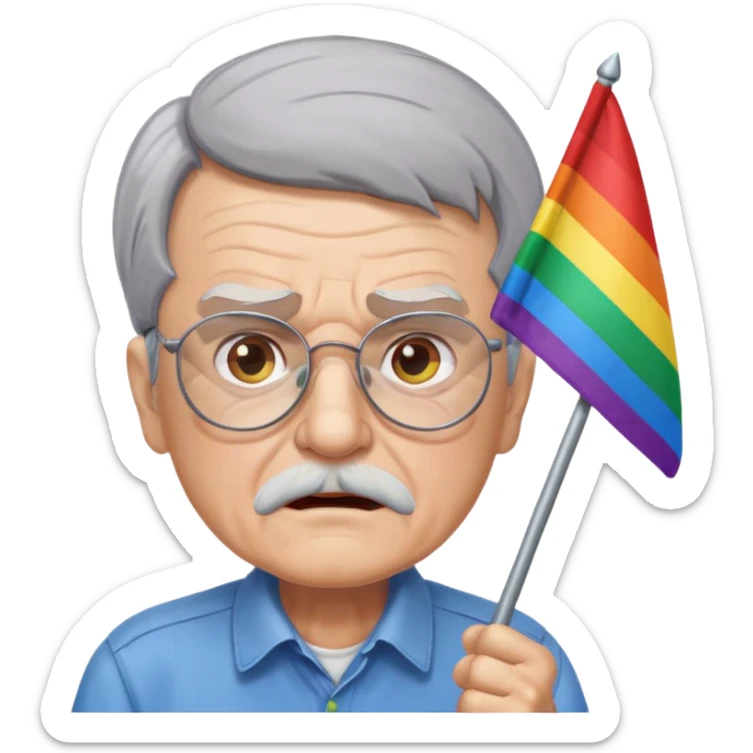 make old old man like 80 with gray hair and fur has HUGE EYE brows and glasses and is always mad and gay holding the rainbow flag sticker