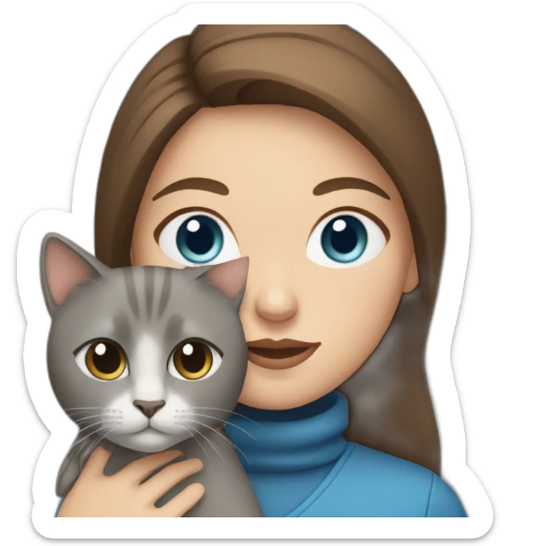 Woman with brown hair and blue eyes hold a grey cat sticker