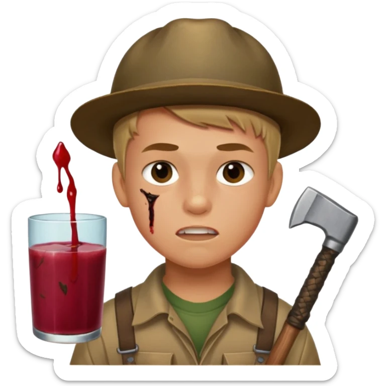 13 y/o Brian robeson at the beginning of Hatchet
determined, has hatchet, self-reliant, observant survivalist, berry juice on mouth, bug bites on face sticker