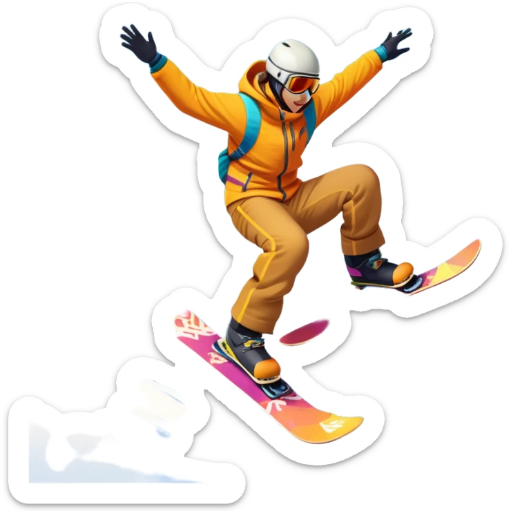An icon showing a snowboarder performing an exciting jump on a snow-covered slope. The background features towering mountains, snow-covered trees, and a bright, clear sky. Transparent background highlights the speed, agility, and thrill of snowboarding. sticker