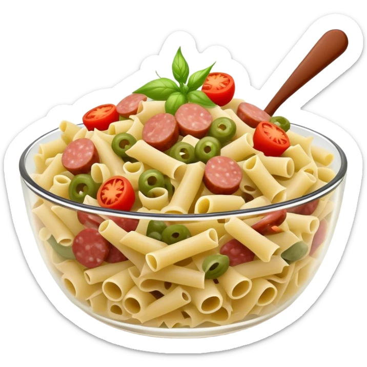 curly Pasta salad with chopped sausage, chopped gherkins, chopped cocktail tomatoes and mayonnaise  sticker
