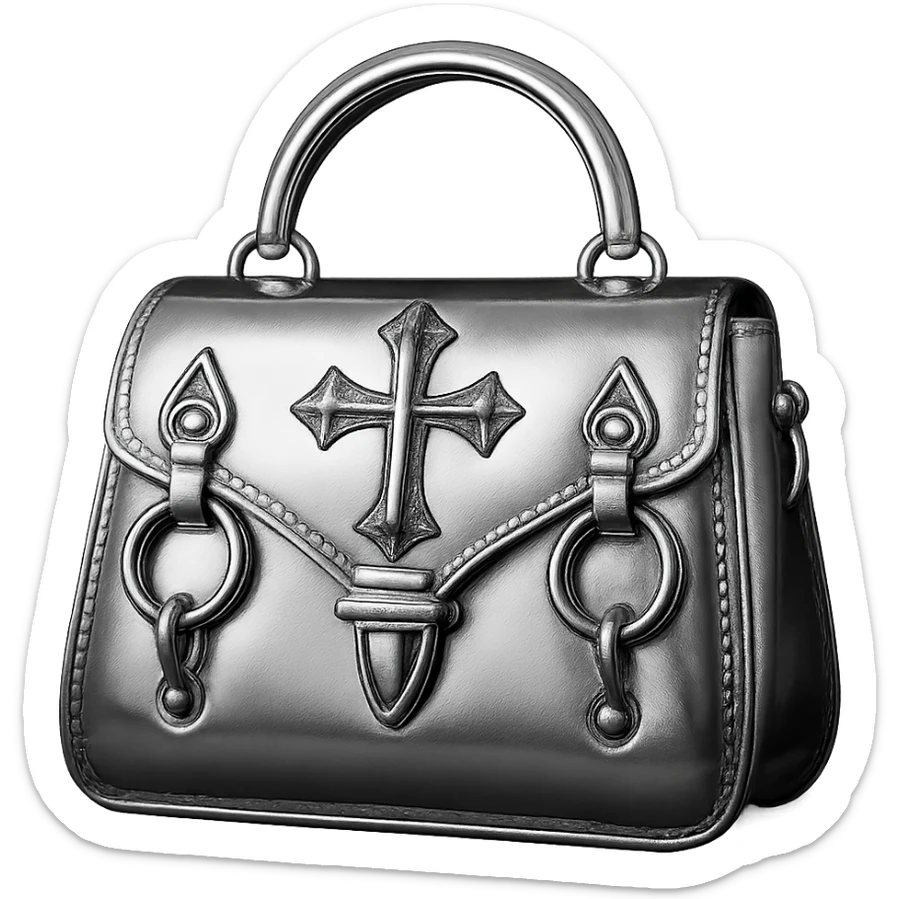 pink and black gothic purse, chrome style, metallic shine, reflective, futuristic gothic details sticker