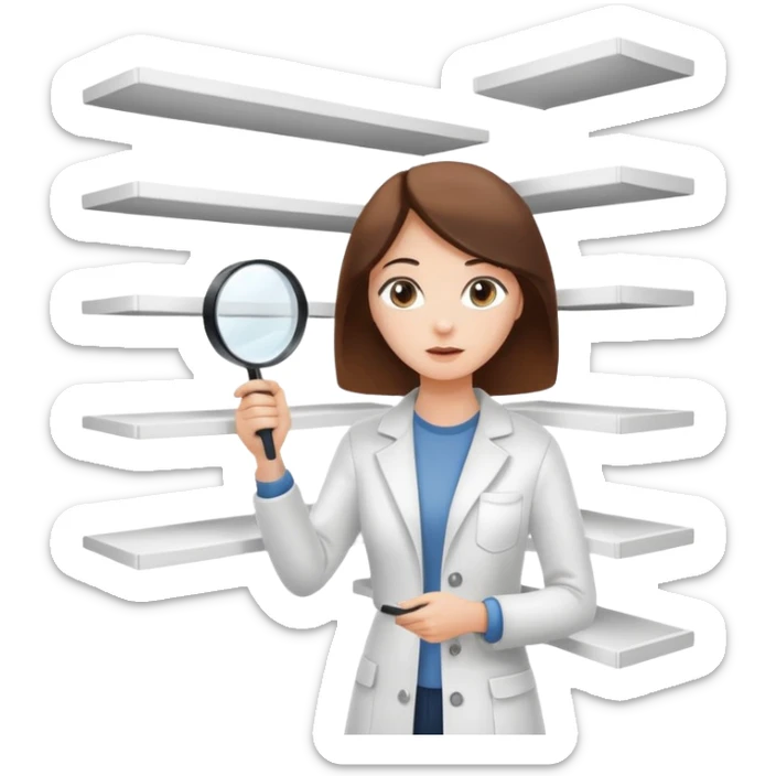 emoji of white empty shelf in perspective view with a standing woman nearby, she is looking at the shelfs with a magnifying glass, she is turned to the shelfs sticker