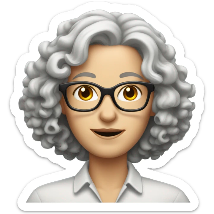middle age white woman with shoulder length curly grey hair and glasses sticker