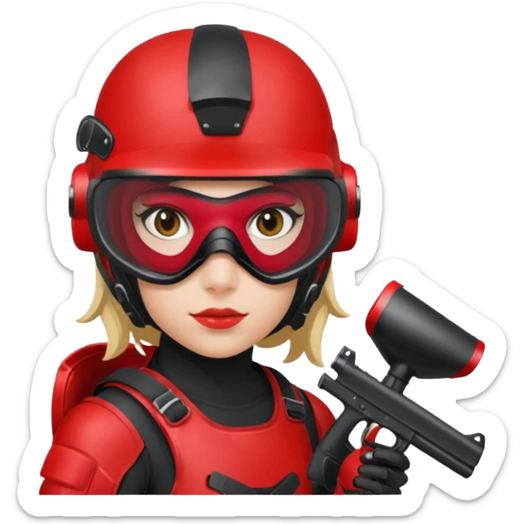 girl playing paintball with red paintball gear and only face sticker