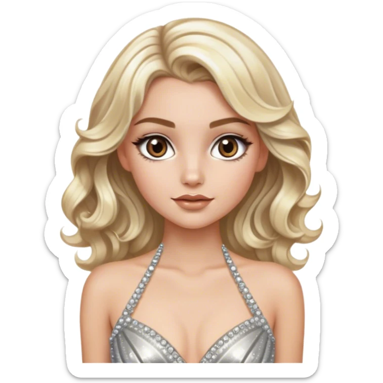 blonde model, brown eyes, medium length wavy hair, metallic silver diamanté gown sticker
