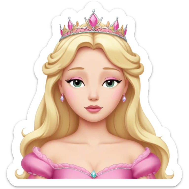 Aurora Sleeping Beauty from hips up, iconic pink gown, blonde hair with tiara, minimal style but very recognizable sticker